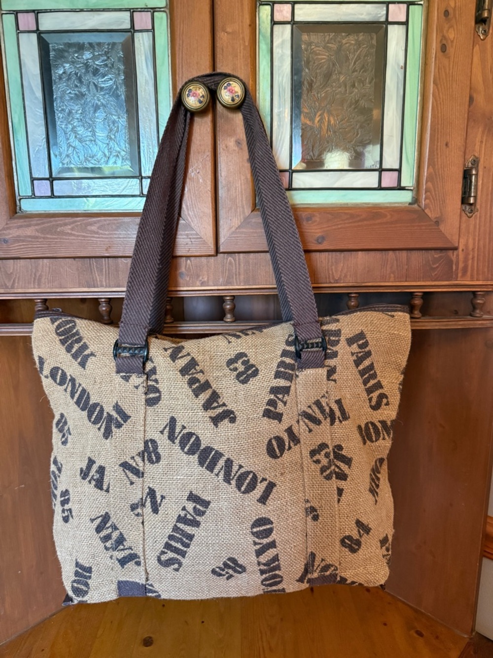 Vintage Burlap vinyl lining City Print Tote Bag with Brown Straps